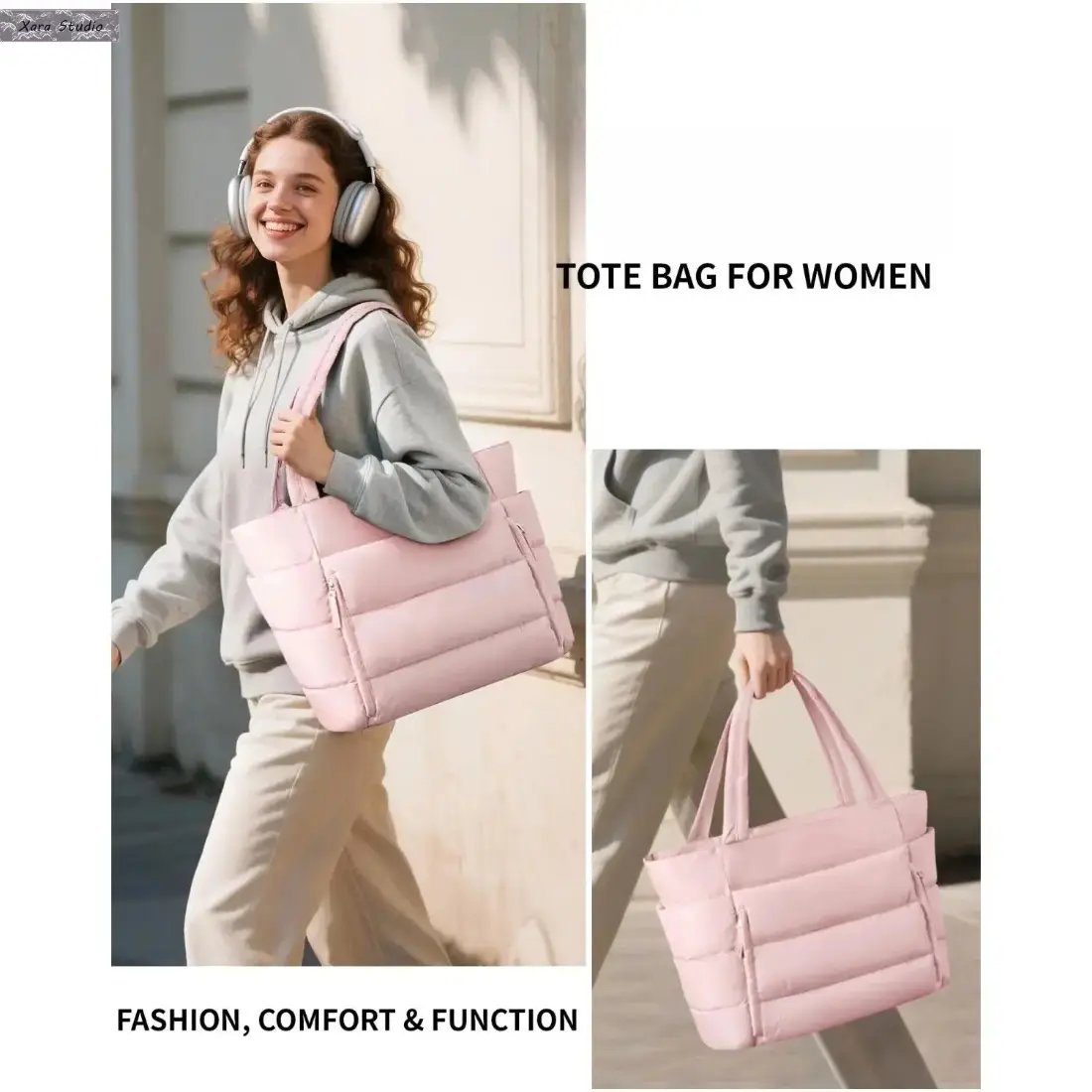 Women's Puff-Quilted Soft Nylon Tote Bag - Large Capacity Bag with Zipper Top & Matching Pouch, Lightweight Shoulder Carryall for Work Travel