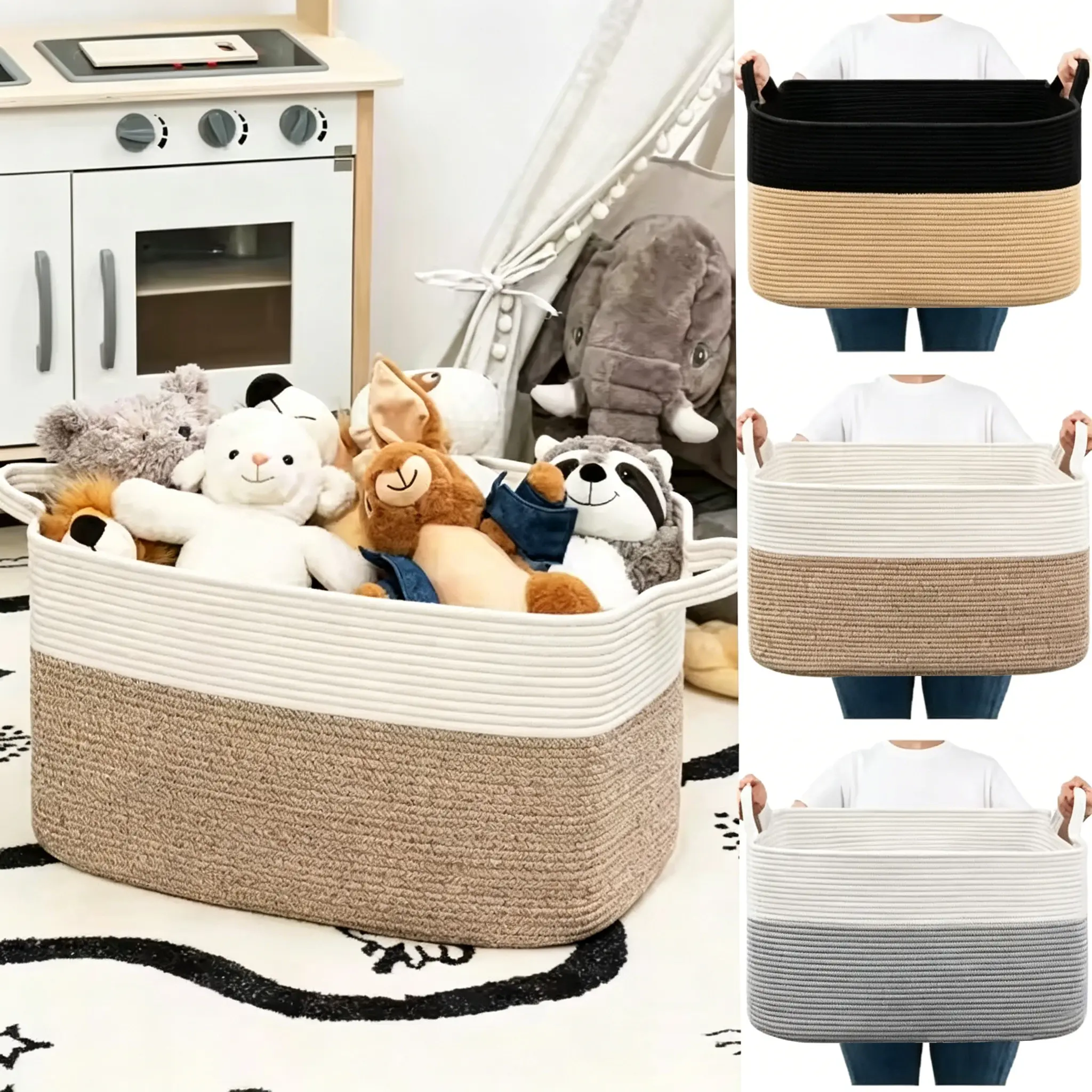Large Rope-Woven Laundry Basket with Handles – Woven Storage Basket for Toys and Laundry; Suitable for Laundry Room, Living Room, Bedroom, and Closet Shelving