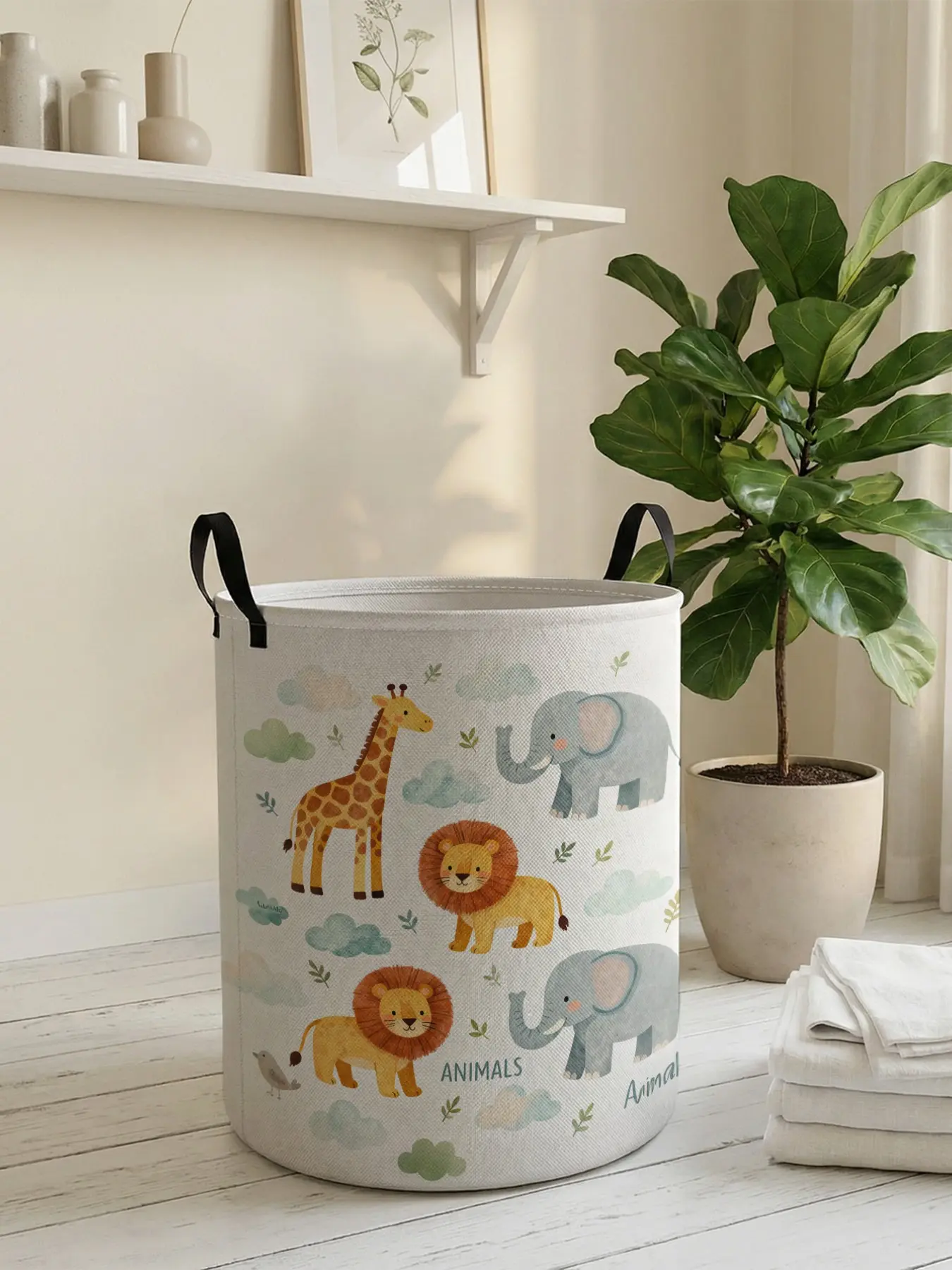 Durable Fabric Folding Laundry Basket with Animal Print Handle, Foldable Large Capacity Storage Bin for Clothes & Toys, Casual Home Organizer