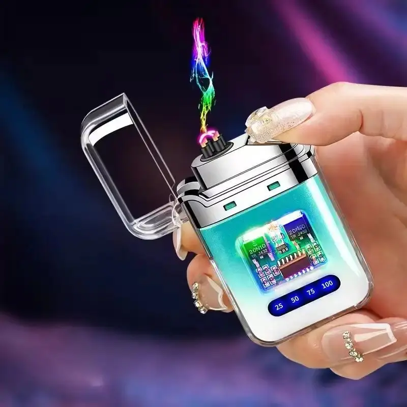 cool, windproof electronic lighter with charging, compact and portable design, colored indicator lights and battery level display. Suitable for camping, travel, wilderness survival, lighting candles and incense, and outdoor adventures.XX14CandyClash