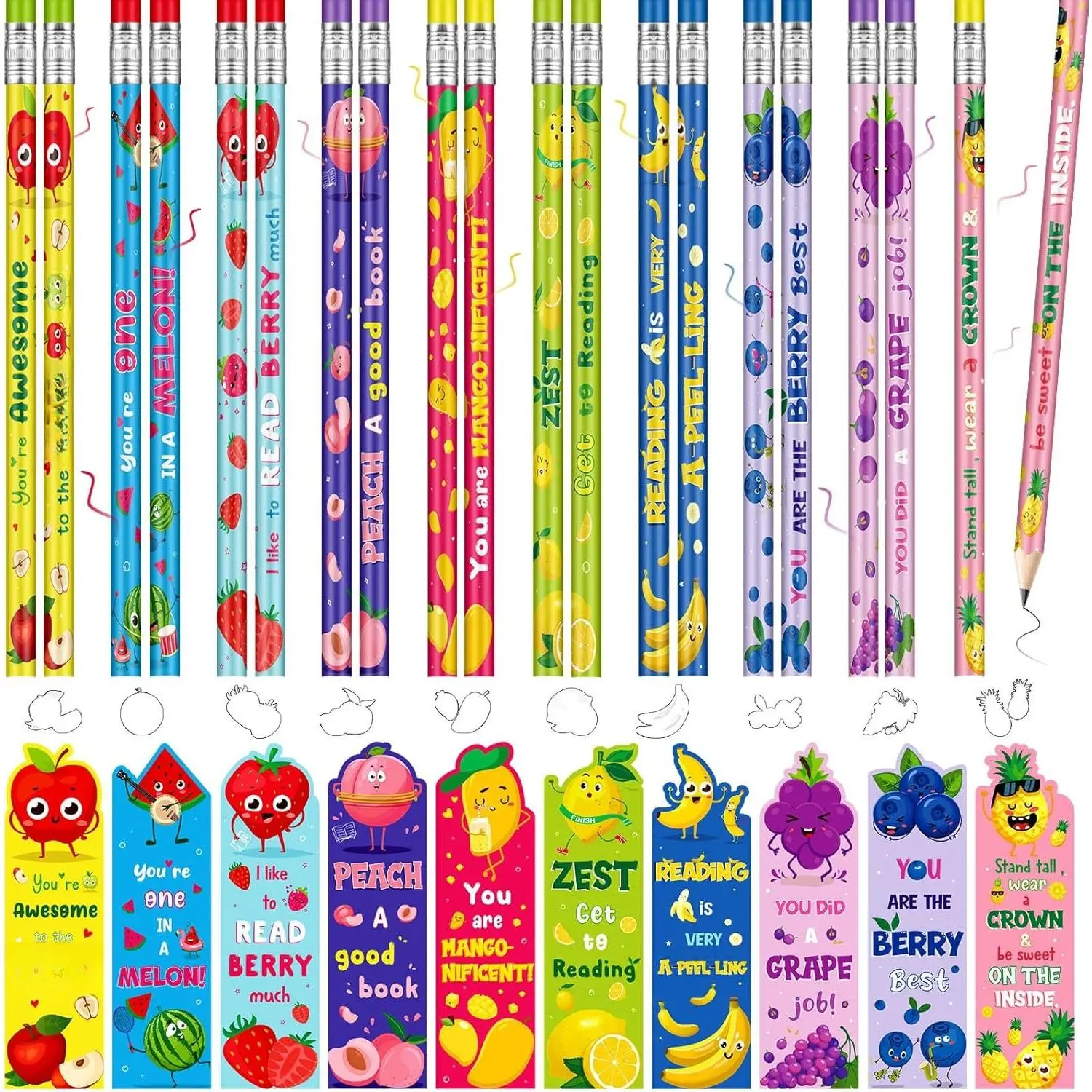 60 Bulk Set Inspirational Graphite Writing Tools, Cute Fruits Scented Paper/Synthetic Scratch-and-Sniff Bookmarks with Motivational Print, Student Classroom Prizes Party Favors