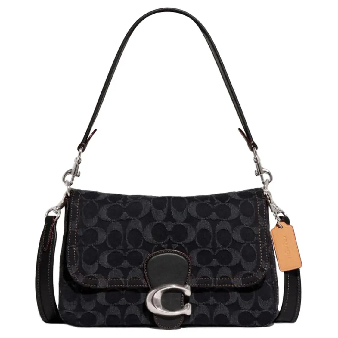COACH Soft Tabby 26 Classic Monogram Jacquard Satchel with Leather Trim, Flap Closure, Crossbody/Shoulder Bag for Women, Caramel Black
