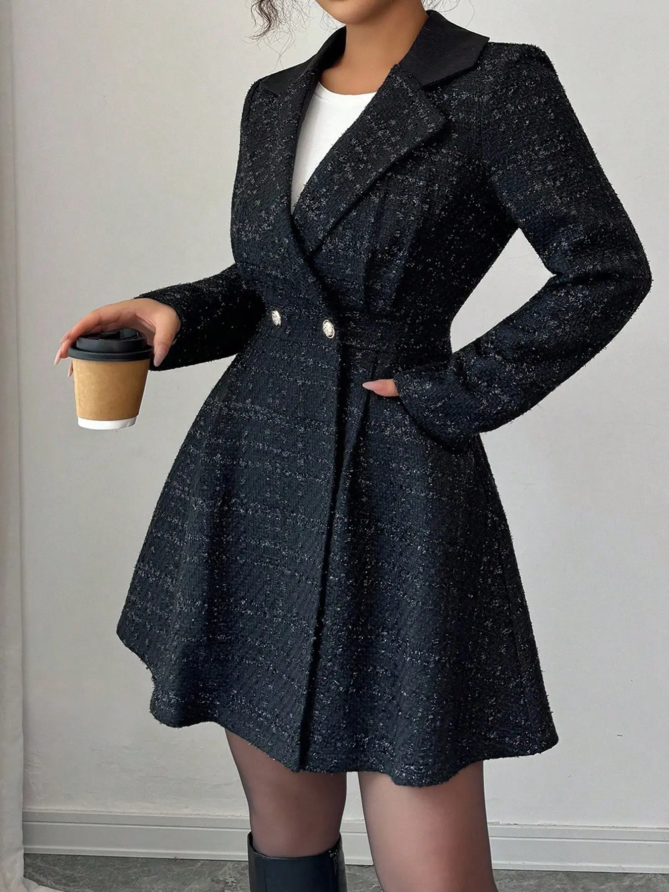 Elegant Winter Dress for Women, Long Sleeve Fitted A-Line Skirt, Solid Color with Pockets, Chic Office Wear, Fall & Winter Fashion