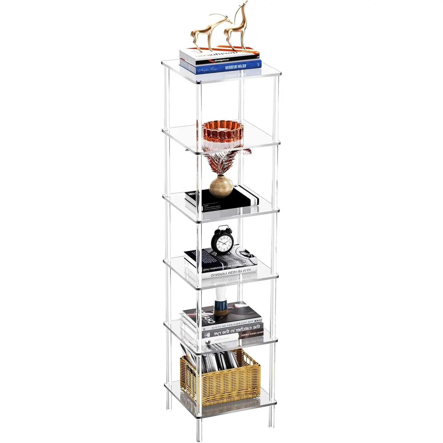 [SummerFinds]Solaround Clear Acrylic 6-Tier Bookcase, 55" Tall Narrow Standing Display Shelf, Space-Saving Lucite Storage Tower for Corner Living Room Bedroom Bathroom (13.1" x 12.6" x 55")  homedecor homedecor