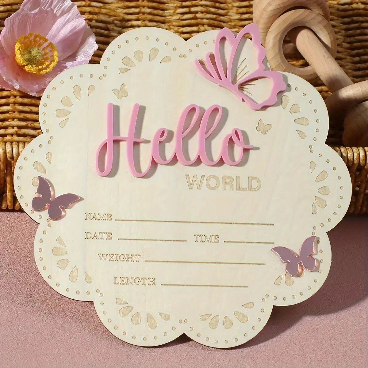 Handmade Wooden Decorative Welcome Sign for Newborns, Delicate Butterfly Floral Design, Home & Kitchen Decor, Baptism Gift, Milestone Keepsake, Personalized Decoration, Flower, Wooden Letter Sign, Decorative Plaque, Home Decor Products