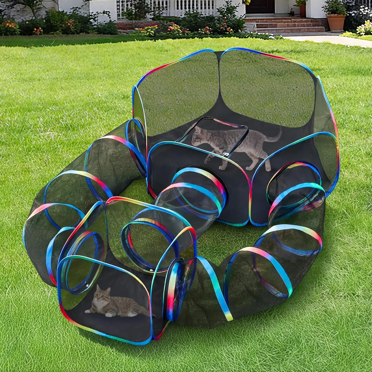 Outdoor Cat Enclosure - 5-in-1 Portable Cat Tunnels with Tent, Cube, Collapsible Catio for Cat Run Outside, Pop up Enclosed Playground for Indoor Cats, Kitty & Small Animals
