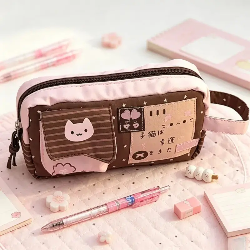 Pink Four-Leaf Clover Cat Pencil Case, Cute Ins Cartoon Large Capacity Multi-Layer Pen Pouch, Kawaii Ita Bag Style Stationery Organizer for Students, Desk Supplies