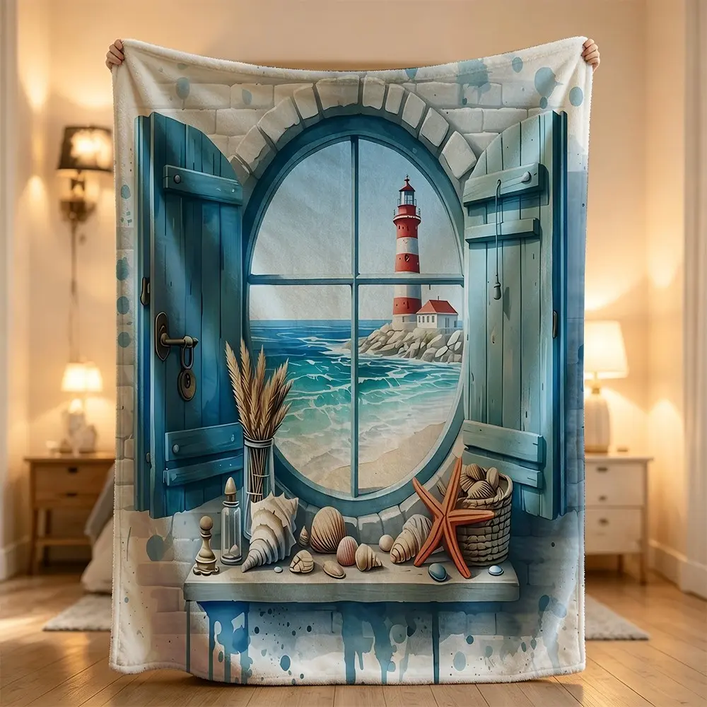 Coastal nautical lighthouse window ocean beach shells sea star vintage decorative Flannel blanket, sofa leisure blanket, bed blanket, Plush Throw Blanket,Cozy Soft Lightweight Blanket,Boho Decorative Throw Blanket