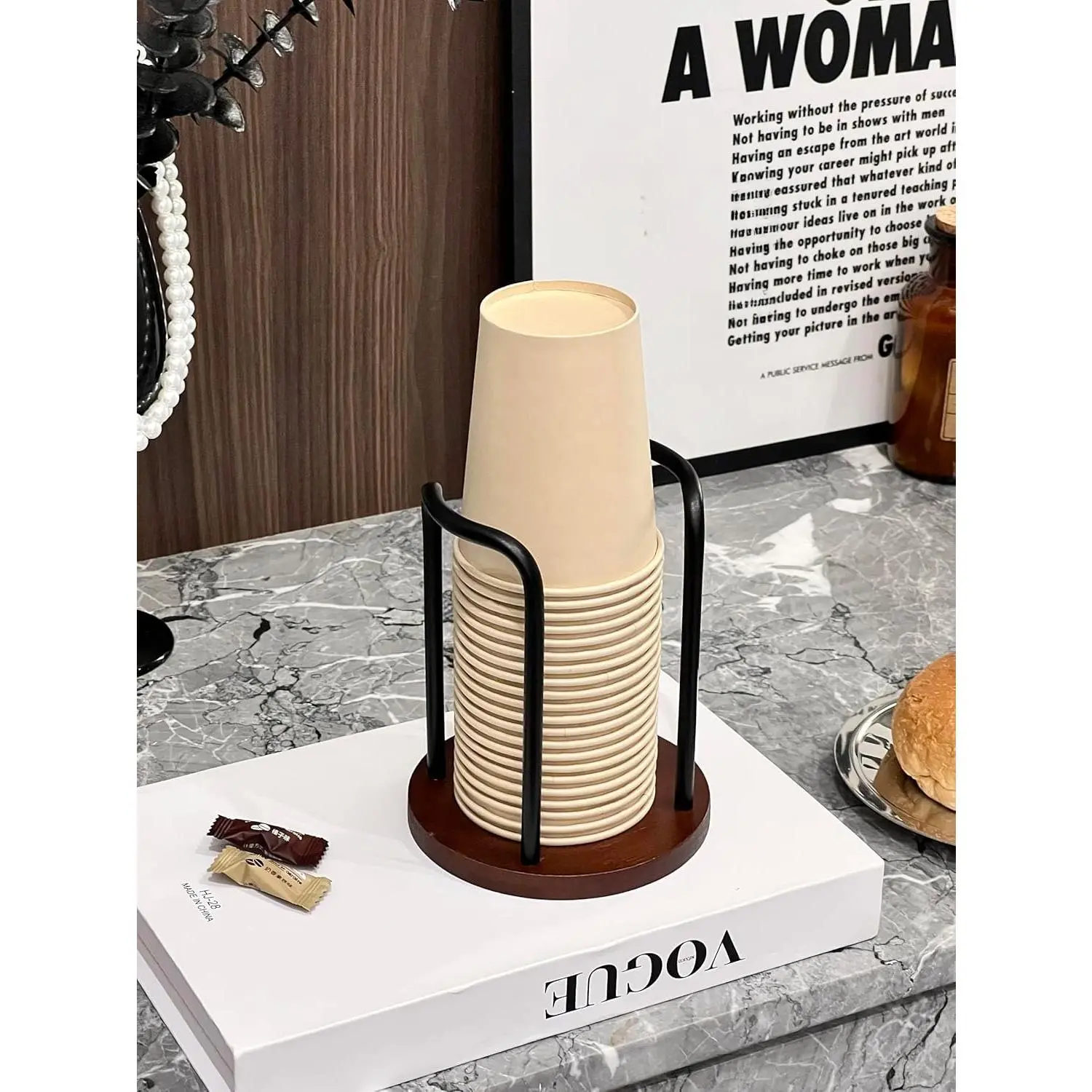 Bathroom Cup Holder 8 Oz, Stylish Walnut Disposable Cup Dispenser, Plastic Mouthwash Cup Storage Organizer for Cups (Under 3.35in Diameter) - for Office, Kitchen, Gym, School or Cafes