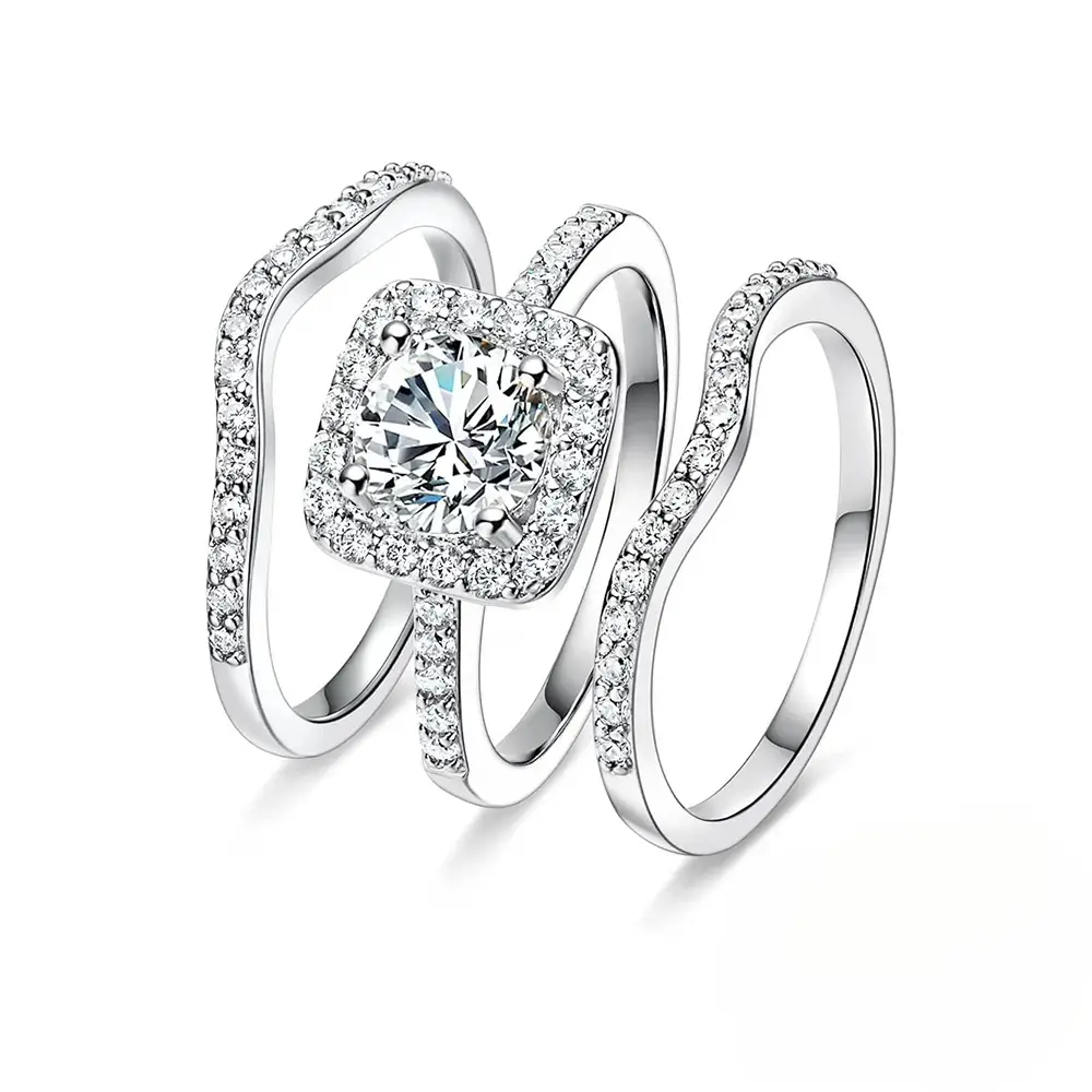 Round Cut Classic Three-in-One 3 Pieces Set Halo Wedding Engagement Promise Eternity Opal Ring for Women Mother Day Birthday Christmas Gift  Halo Ring Bridal Ring Set