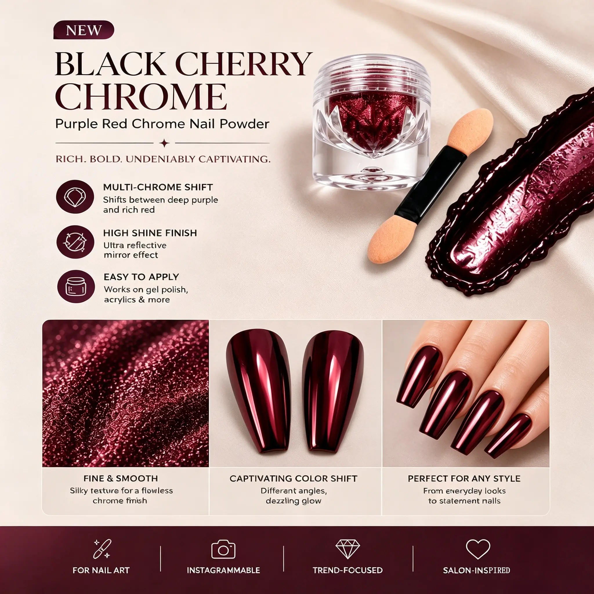 New Black Cherry Purple Red Color Changing Nail Powder, Super Reflective Mirror Effect Color Changing Nail Powder, Charming Holographic Gloss Nail Art Decoration Powder, Nail Art Supplies, Suitable for Home DIY and Nail Salon Use (0.5g/bottle)