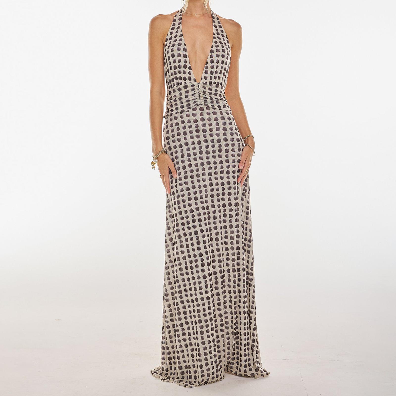 Women Long Dress, Sleeveless Halter Dress Backless Flower/Dots Print Summer Cocktail Dress Casual Light sundress Cotton Candy Outfit Beach Outfits #TiktokShopBacktoSchool