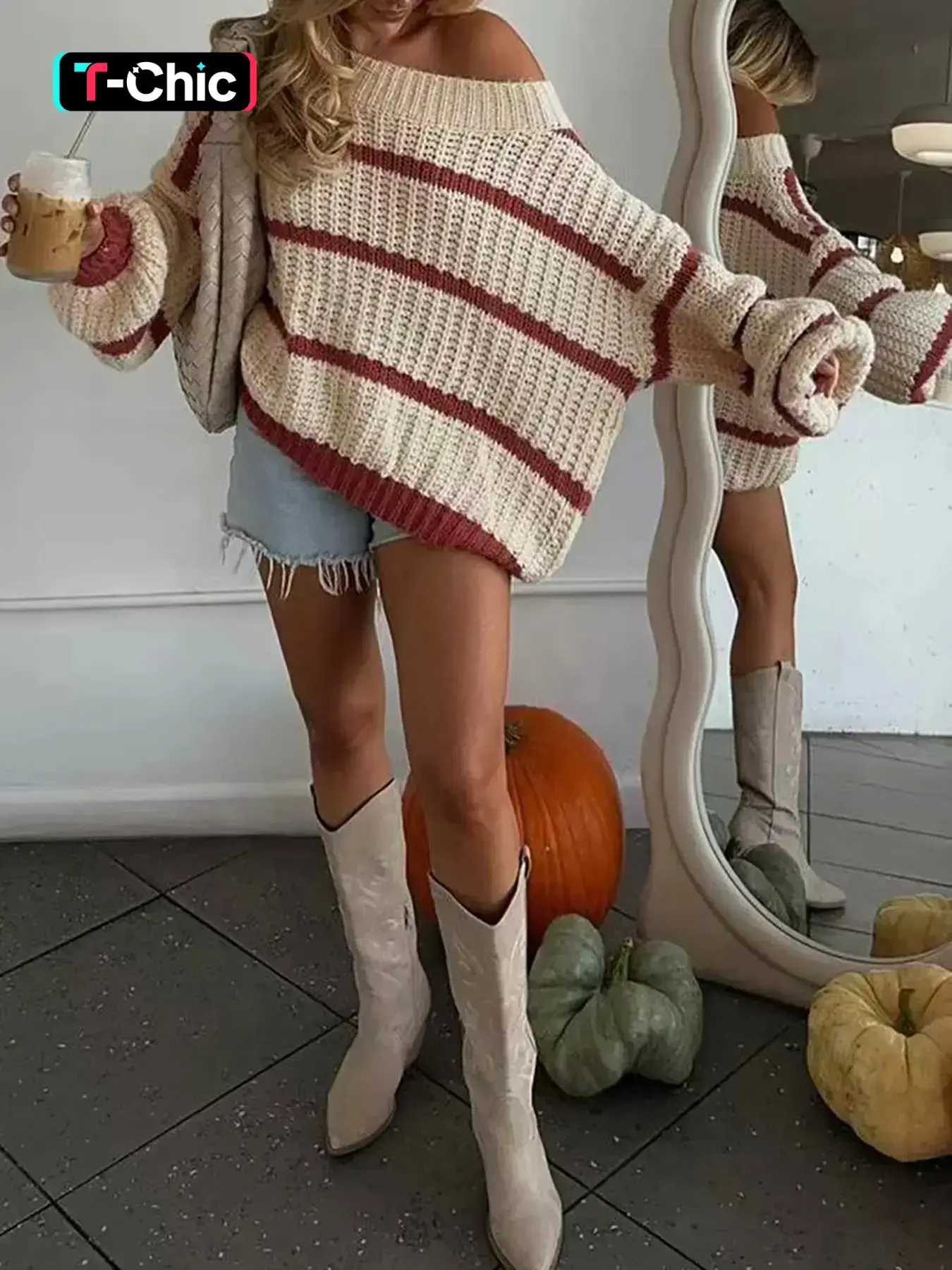 Women's Striped Round Neck Loose Oversized Knitted Sweater, Casual Fall Winter Colorblock Pullover, Halloween Aesthetic Fashion Design, Elegant Women's Clothing, Knitwear
