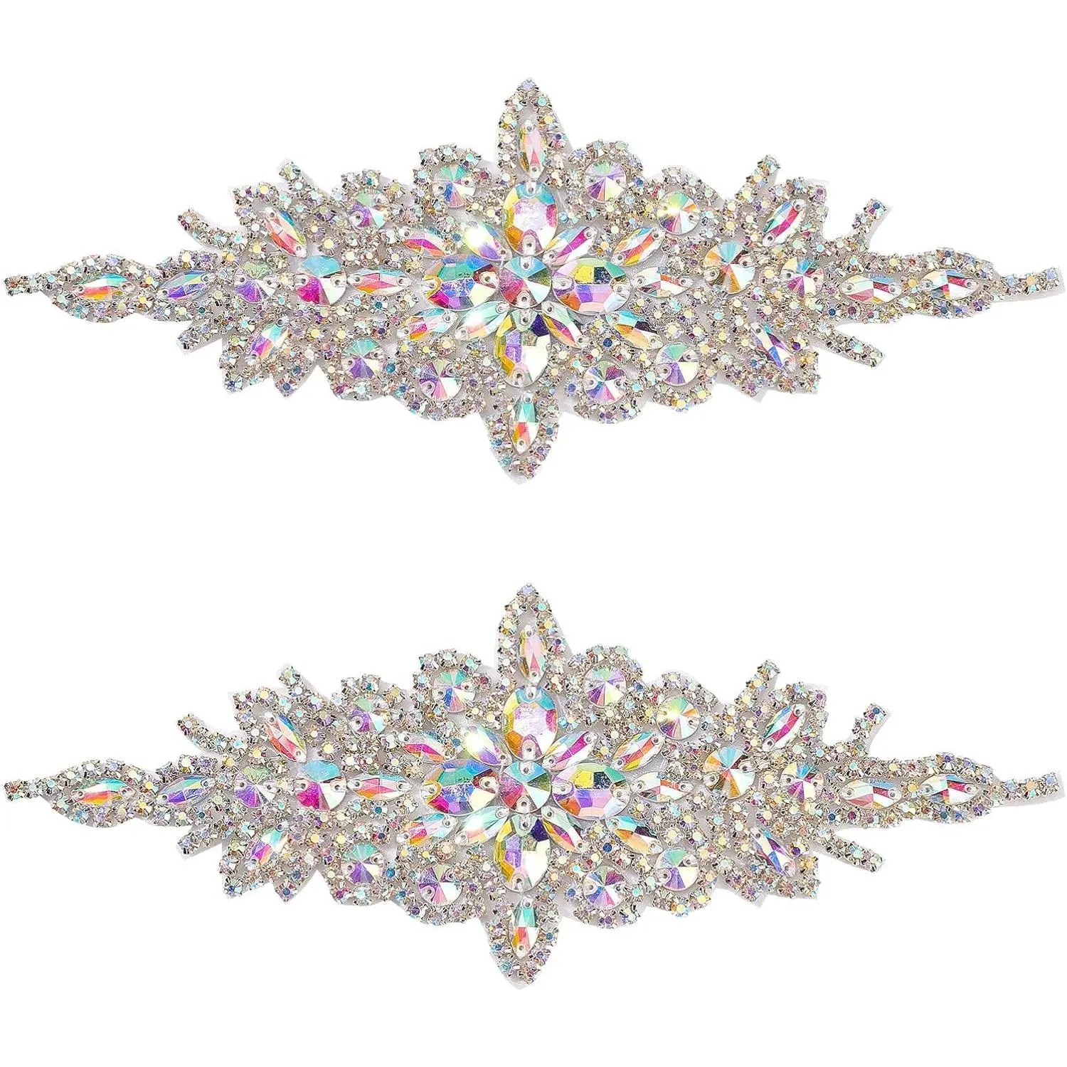 2 count Rhinestone Applique Patches (, 9.5x3.7 inch) Glitter AB Color  Rhinestone Iron  Patches Flower Wedding Belt Applique Hotfix Patches for Women Bridal Dress