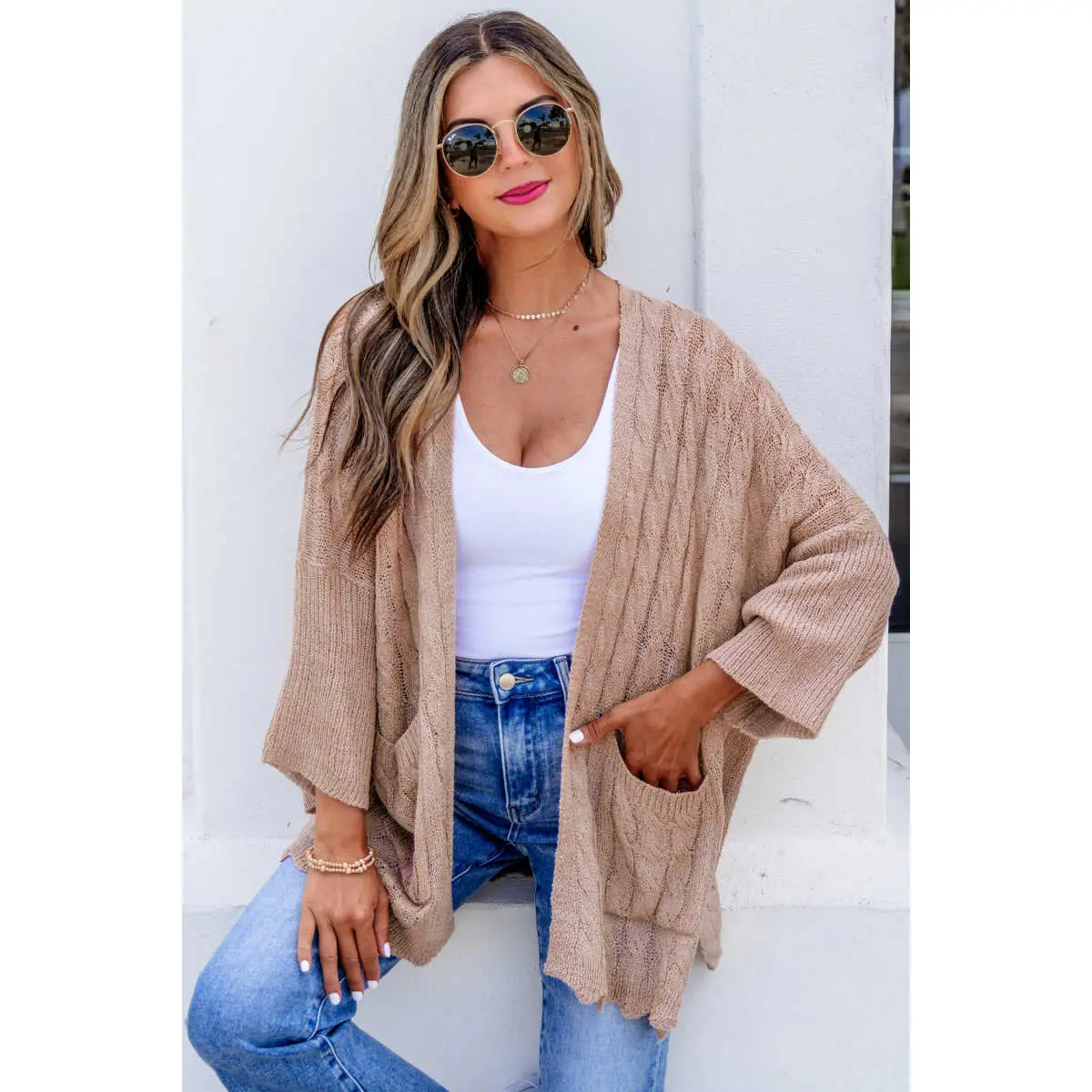Women's Old Rose Drop Shoulder 3/4 Sleeve Bell Cuffs Acrylic Yarn Open Front Crochet Knit Cardigan, 3/4 Women's Cardigans, Arm Cuff Women's Cardigans