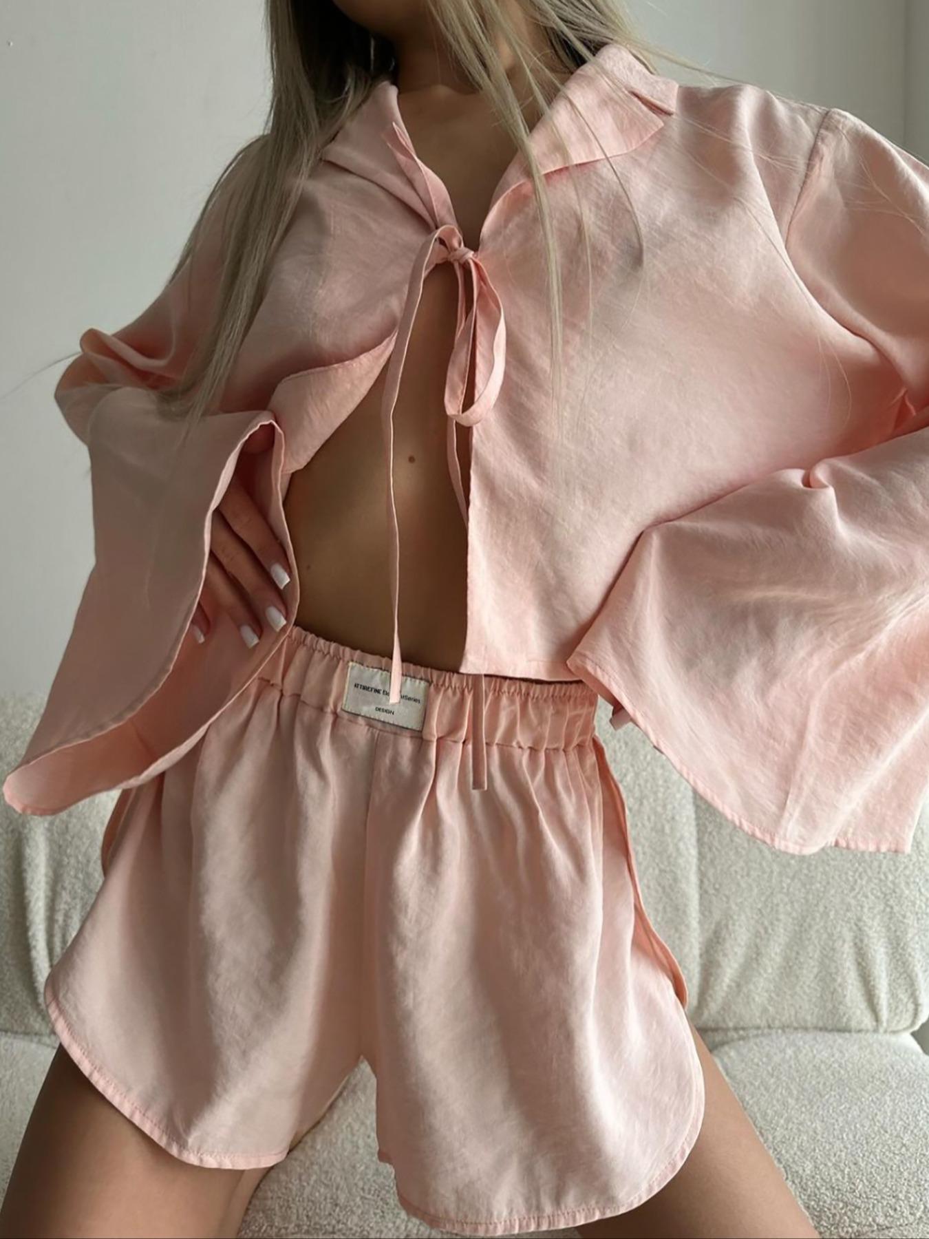 Two-piece Set Women's Solid Color Top & Wide Leg Shorts Pyjama, Shorts Pj Set, Casual Comfy Loungewear Set for Daily Home Wear, Comfy Loungewear Set for Women