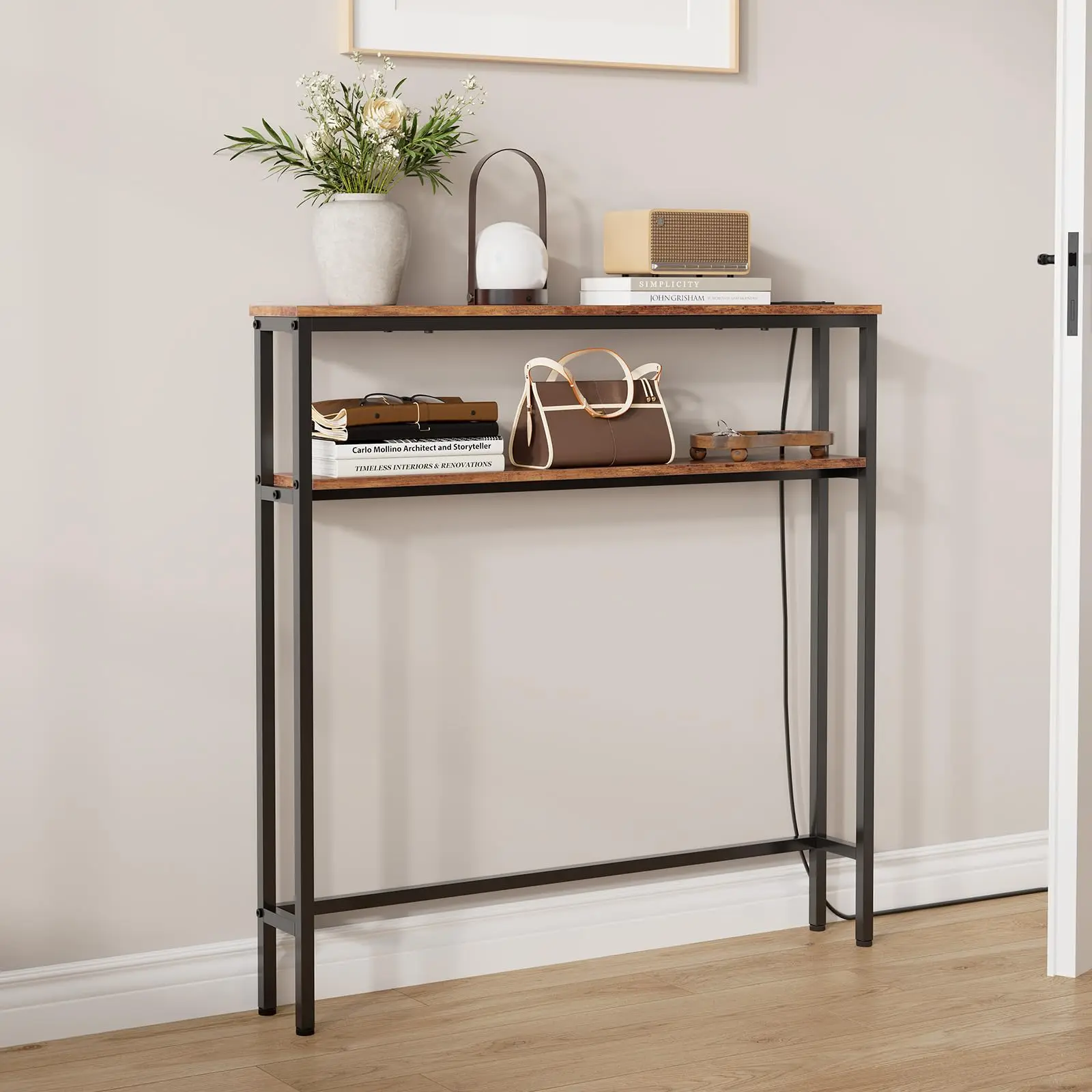 Narrow Console Table with Power Outlets, 2-Tier Slim Sofa Table with 2 Shelves, Metal Frame, Behind Couch Entryway Table for Living Room, Hallway, Foyer, Industrial Style
