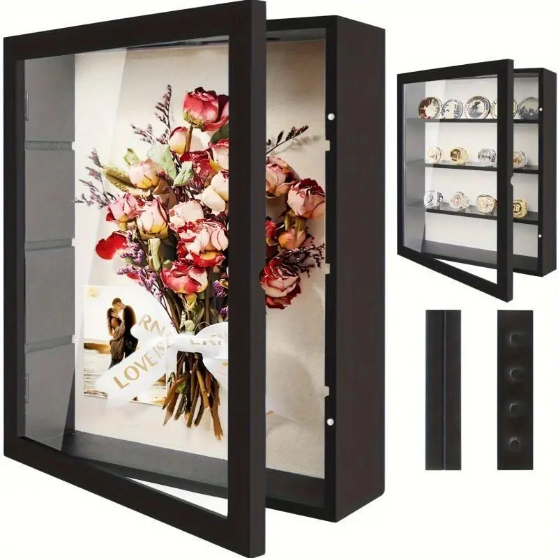 PABHAN Large Black-with-Lid Rural Memorial Gift Display Box - Modern Square Design, 4 Detachable Tiers Shadow Frames, Linen Back, Suitable for Flowers, Championship Rings, Home Decor Photo Storage