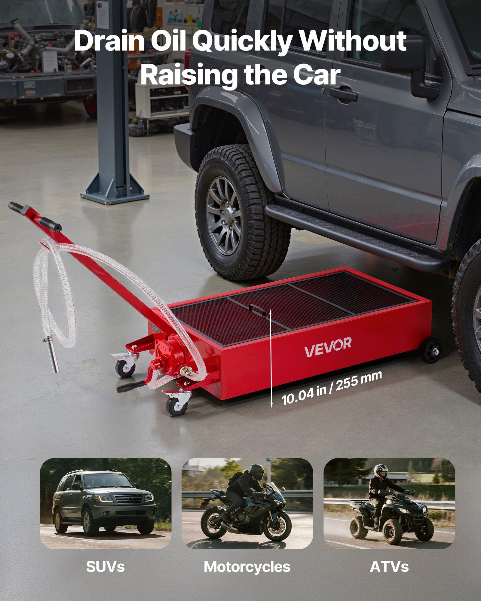 VEVOR Low Profile Oil Drain Pan, 20 Gallon Capacity, Rolling Oil Drain Pan with Manual Pump, 7.2 ft Hose & T Folding Handle, Leak-proof & Corrosion-resistant, Fit for Cars, SUVs, Trucks, ATVs, Red