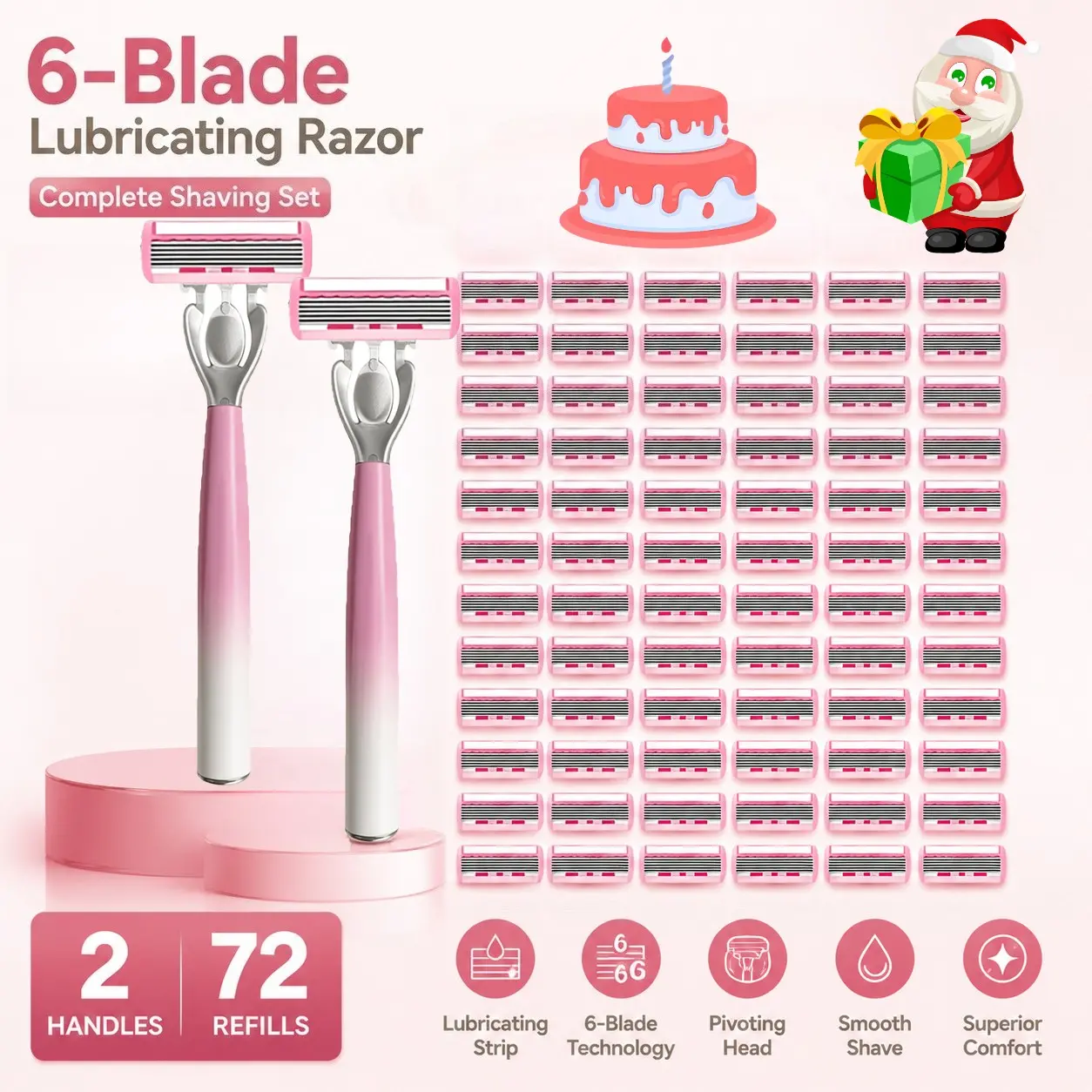 Women's Shaving Kit, 2 High-End Handles with 72 Replacement Blades, 6-Layer Blade Design, Non-Slip Sharp Razor, Pain-Free Shaving, Manual Shaver