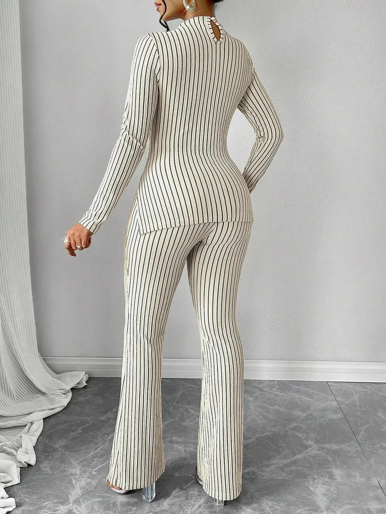 2-Piece Striped High Neck Split Hem Flared Pants Set, Casual for Women, Perfect for Spring and Fall, Comfortable Knit Fabric, Fashion Pants Set