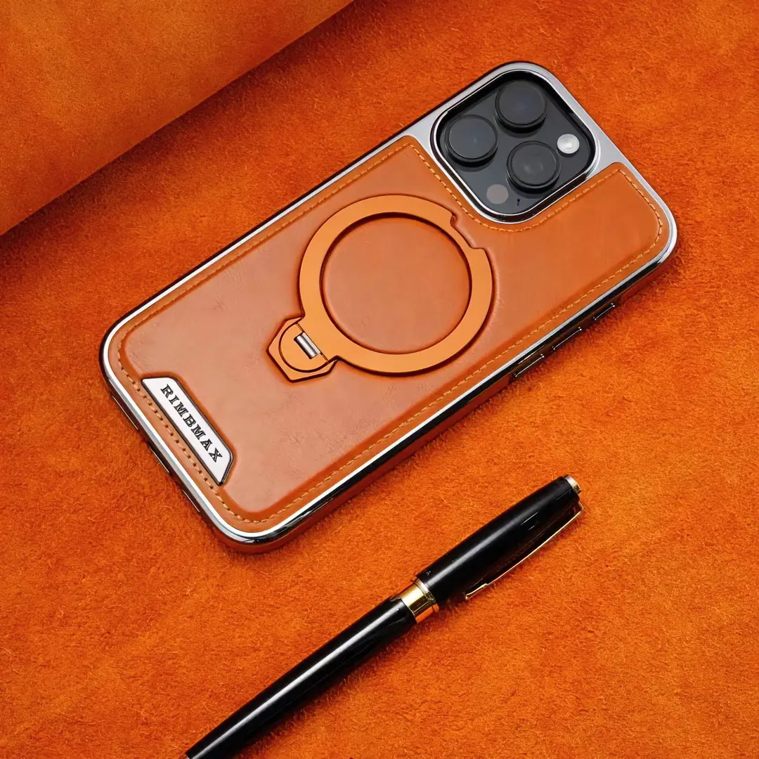 Leather Mobile Phone Case with Rotatable Magnetic Flush Mount Stand - Cow Hide Leather Face, Customized High-End Business Style, Anti-Drop Protection for iPhone Series 17 Pro Max, 16 Pro, 15 Plus, 14, 13