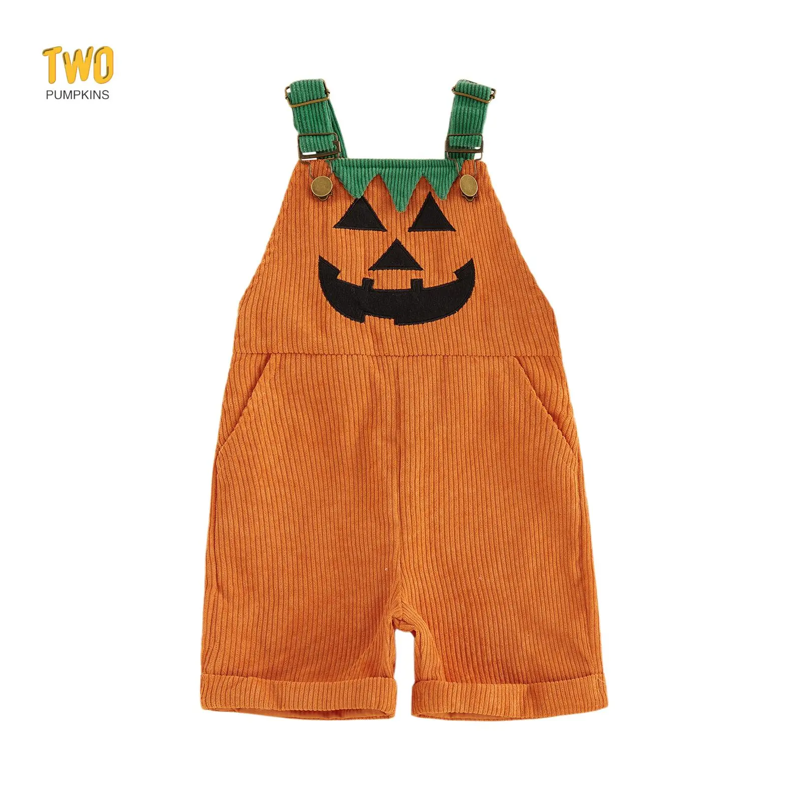 Toddler Baby Boy Halloween Outfit Pumpkin Overalls With Pockets Ribbed Devil Face Pattern Sleeveless Jumpsuit