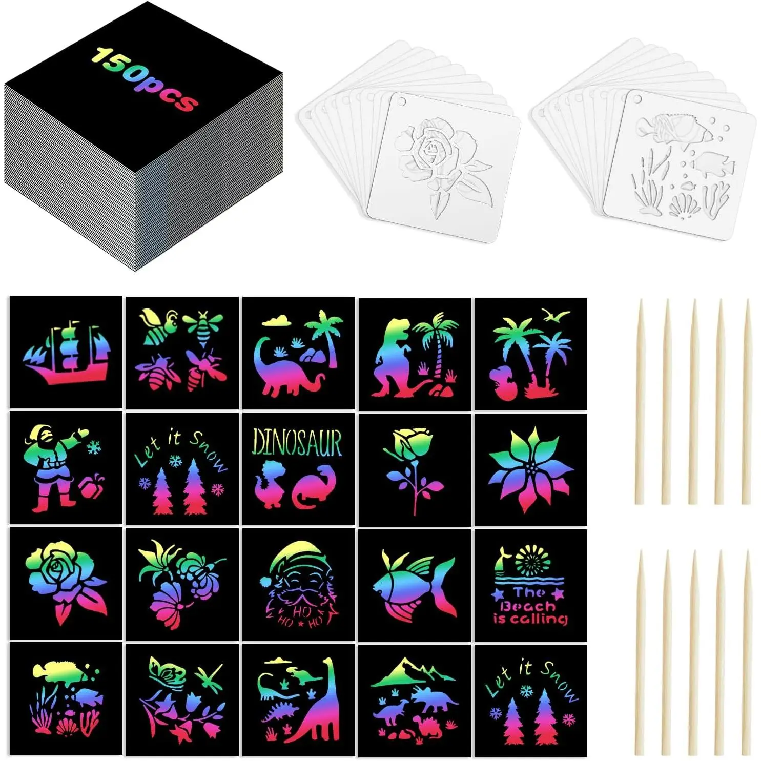 Rainbow Scratch Paper Set,Scratch Art for 4-12 Kids, Mini Notes Arts and Craft Supplies,Matching Random Personalized Stencils ，Christmas Gift，School Classroom Activities, Travel Carrying.fidget toys