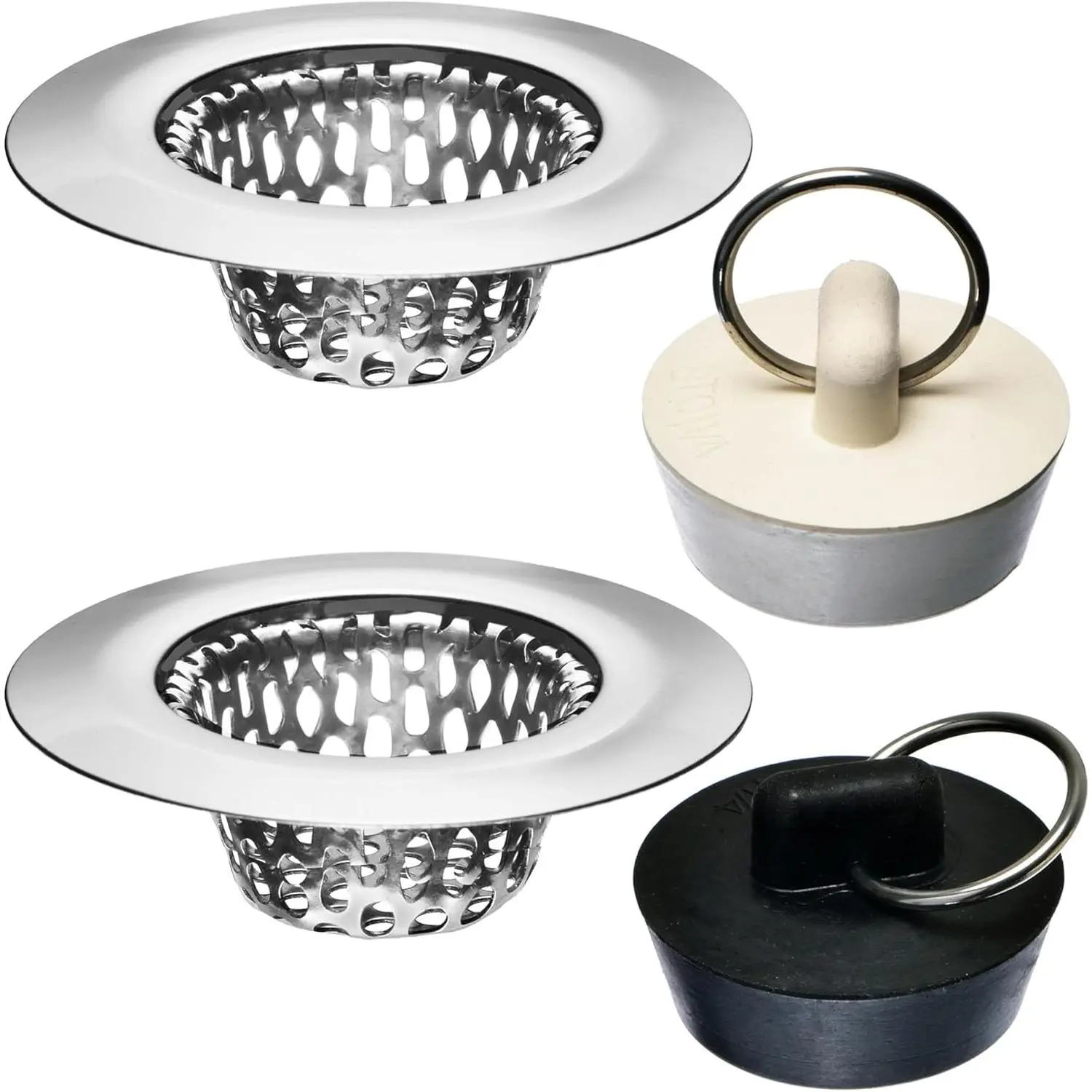 4 count - Bathroom Sink Strainers and Stopper Plug (Use Separately) - 2.125" Top / 1" Basket, Stainless Steel Strainers and Rubber Plug Stopper for Standard Bathroom, Utility, Slop and RV Sink.