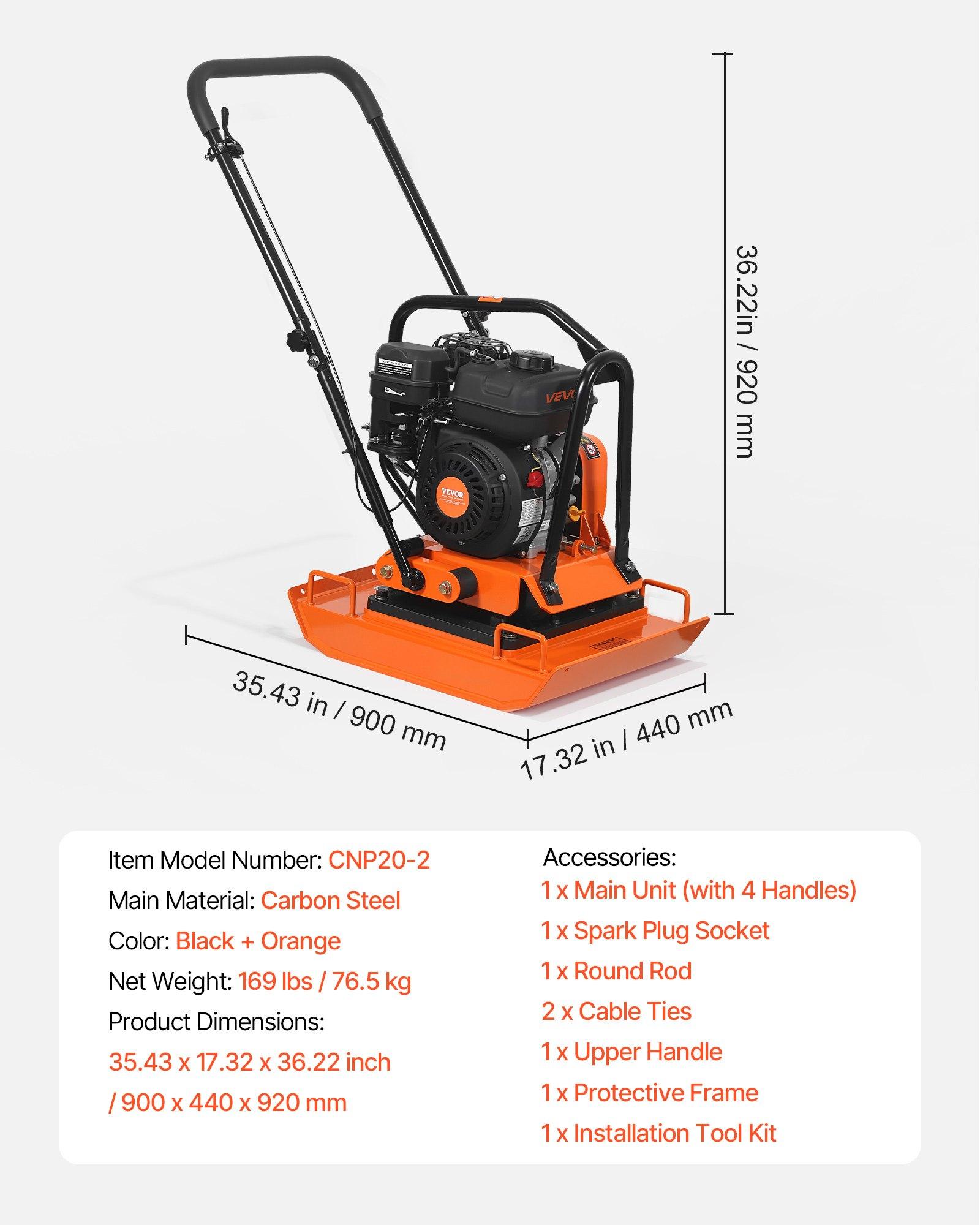 VEVOR Plate Compactor, 7 HP 196CC Gas Engine, 5400 VPM Vibrating Ground Rammer, 4440 lbs Compaction Force, 23 x 18 in Plate, Walk Behind Compactor for Paver Landscaping, Asphalt, Foundation, Soil