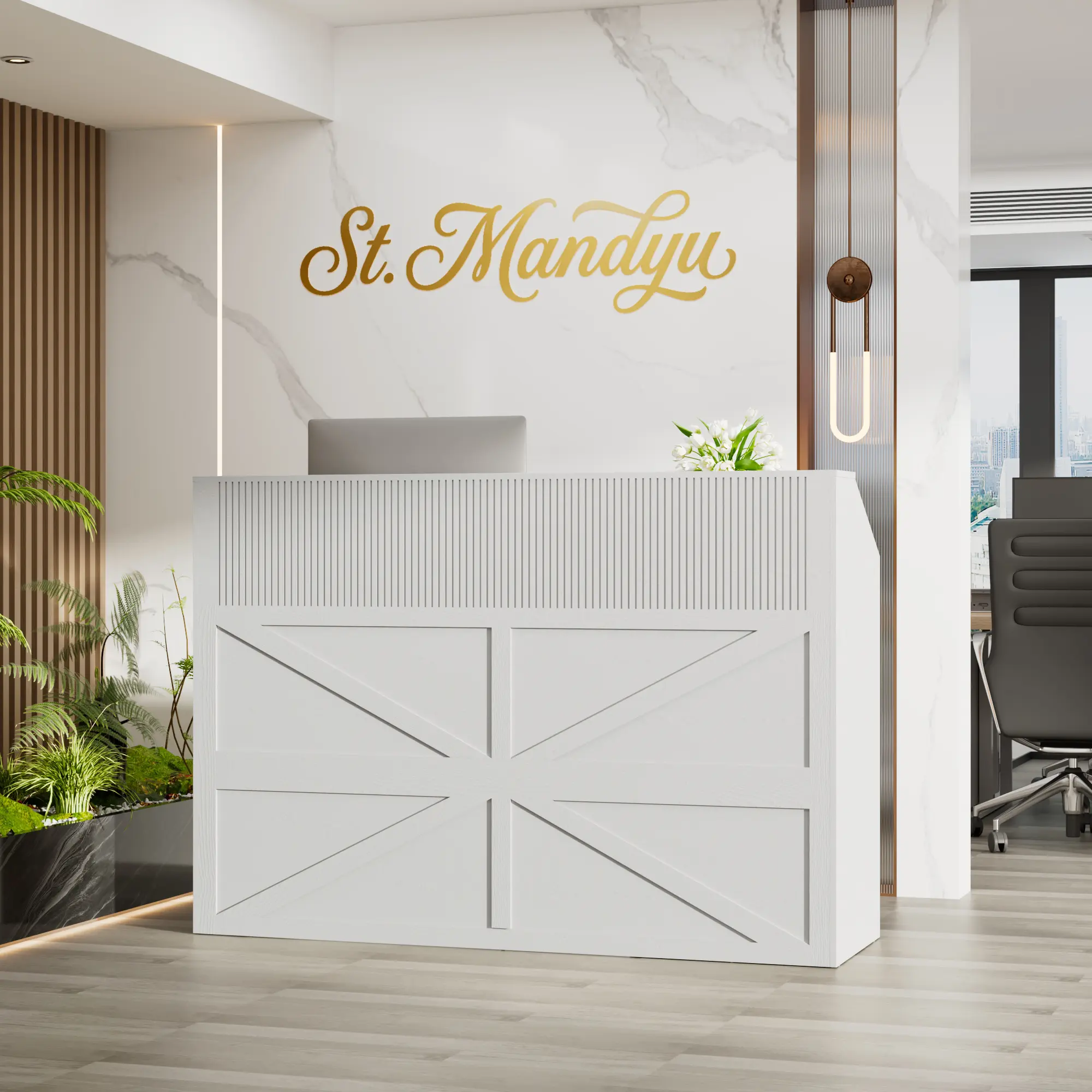 63-inch Reception Desk with Charging Station, Durable Modern Commercial Office Front Counter with Storage Drawers & Shelves, Assembly Required for Daily Business Use