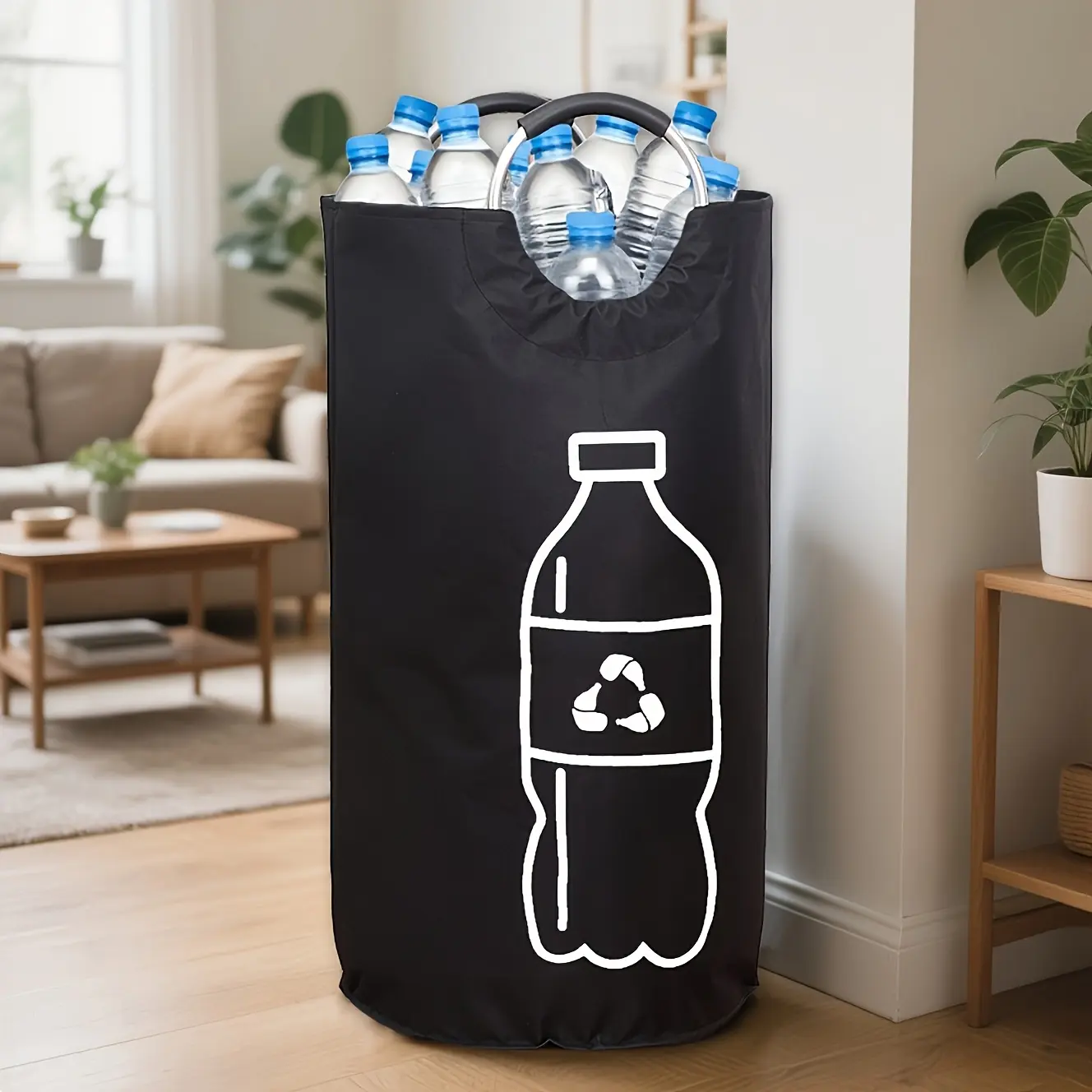 Heavy-Duty Large Foldable Canvas Recycling Bin with Lid, Cylindrical Storage & Laundry Basket, Multi-Purpose Waste & Recyclables Organizer for Home Kitchen Bathroom Office