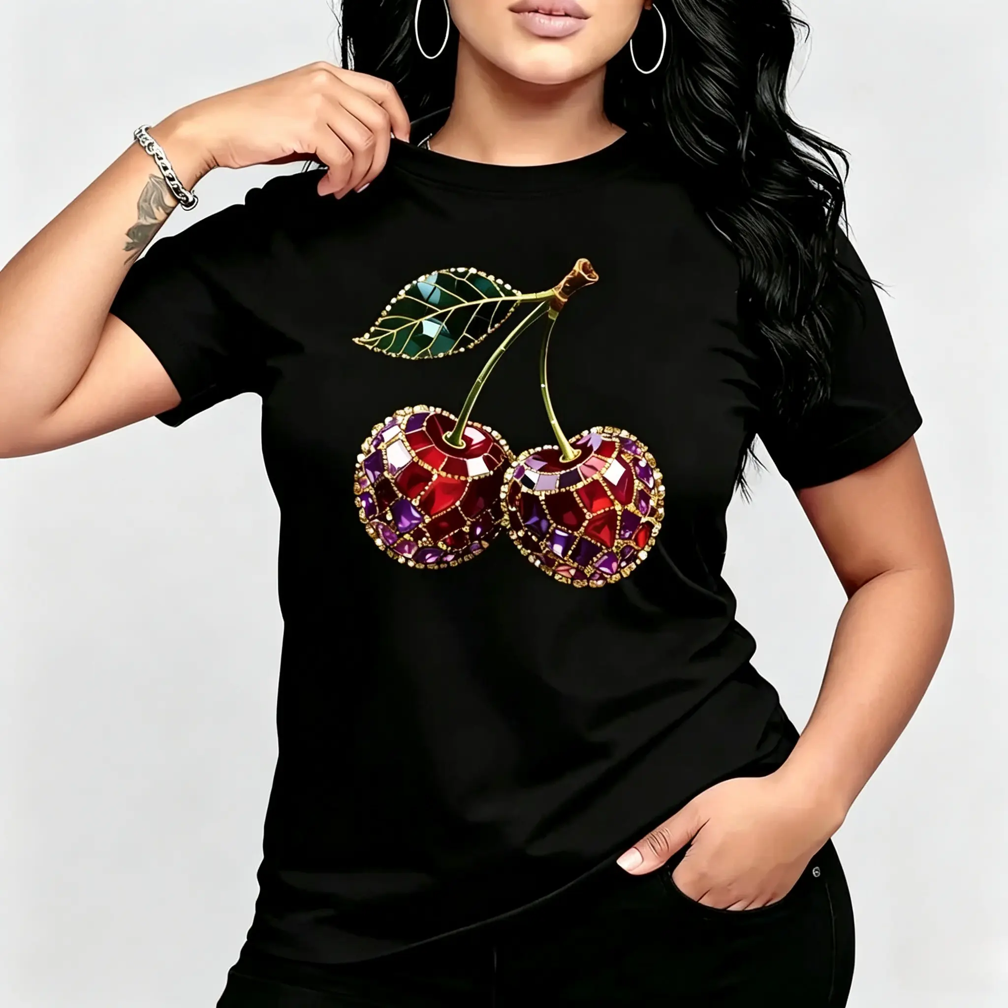 Gem Cherry Graphic Print Women's Crew Neck Short Sleeve T-Shirt, 100% Soft Cotton, Casual Sweet Tee, Daily Vacation Outfit, Birthday Gift For Her