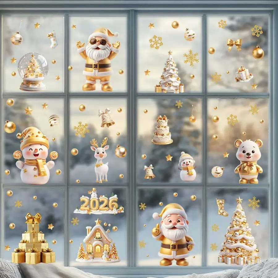 9pcs Christmas Wall Stickers, Bell Snowflake Crystal Ball Santa Claus Holiday Decorations, Static Window Cling Labels