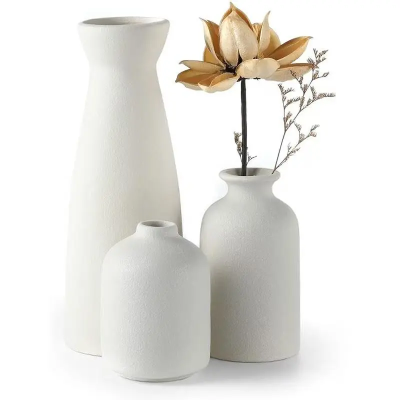 3-Piece Bohemian Relief Ceramic Vase Set, Nordic Minimalist Geometric Floral Texture, Living Room Entryway TV Cabinet Bookshelf Bathroom Decor, Vases for Flowers