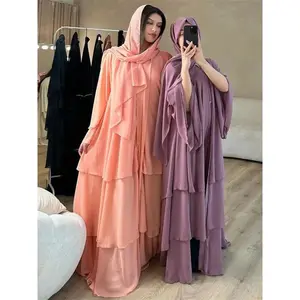 Summer Open Chiffon Khimar Kimono Abaya Dubai Luxury 2024 Muslim Sets Modest Kaftan Hijab Dresses For Women Islam Kebaya Damen