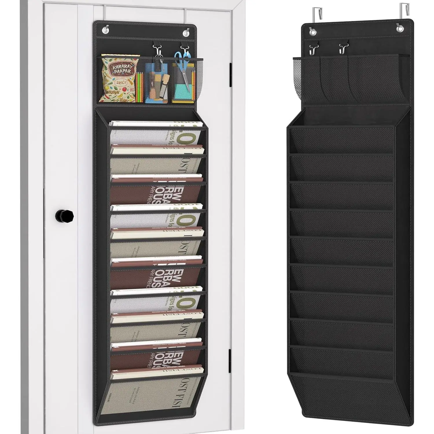 Wall Hanging File Organizer, Over the Door File Folders with 10 Large Pockets Magazines, Mails, Office Chart Storage, Back to School Supplies, Paper Organization (Black)