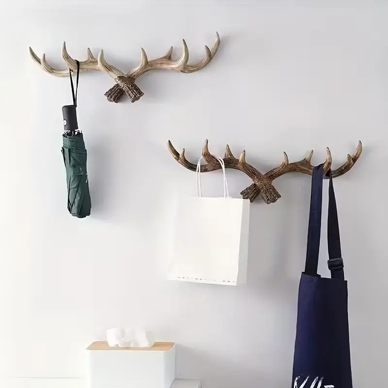 Rustic Resin Deer Antler Wall Hook, Festive Winter Holiday Decoration, Coats & Keys Holder, Unique Entryway Wall Art for Home & Store Displays, Wall Mounted Hook