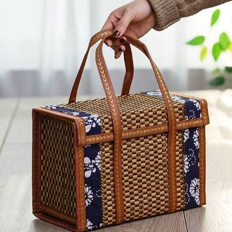 Bamboo Folding Picnic Basket, Wax-Printed Fabric Cover, Outdoor Storage Basket, Foldable Basket, Rustic Style, Perfect for Camping and Hiking, Camping Supplies