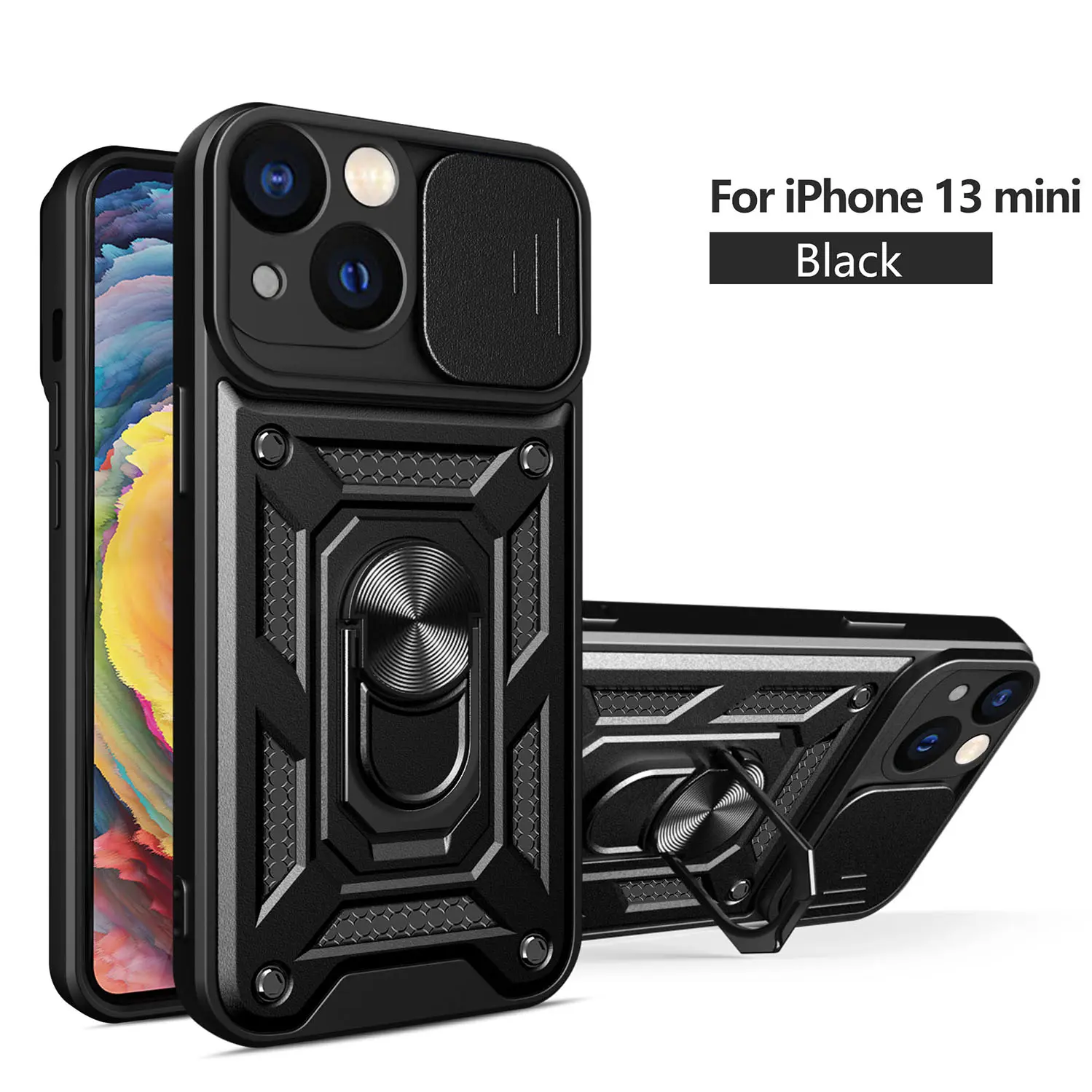 Case for Durable Dual-Layer Full-Body Dustproof iPhone 13 Mini, Hidden Push-Pull Fingerprints Lens Cover, 360° Rotatable Magnetic Stand for iPhone 13 Mini Case