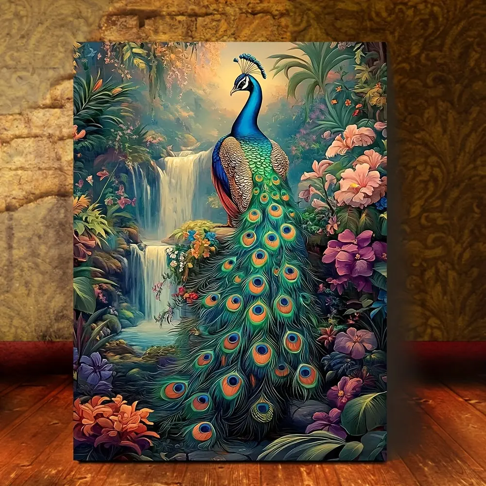 [2D Canvas] 1 Piece Vibrant Peacock Canvas Art with Wooden Frame - 11x15inch, featuring colorful feathers and lush garden scenery, modern wall art, suitable for living room, bedroom, dining room, or study, bedroom wall art |   Naturally Inspired Art |   D