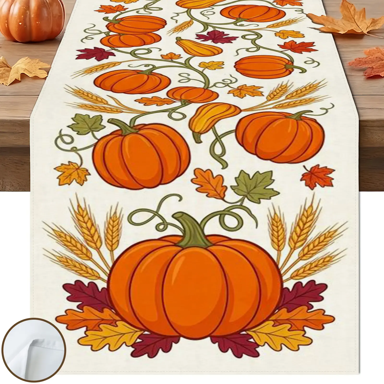 1pc Pumpkin Vine Table Runner, Minimalist Cartoon Style, Beige Connected Vine Pumpkin Wheat Red Maple Pattern, for Fall Thanksgiving Table Decor.