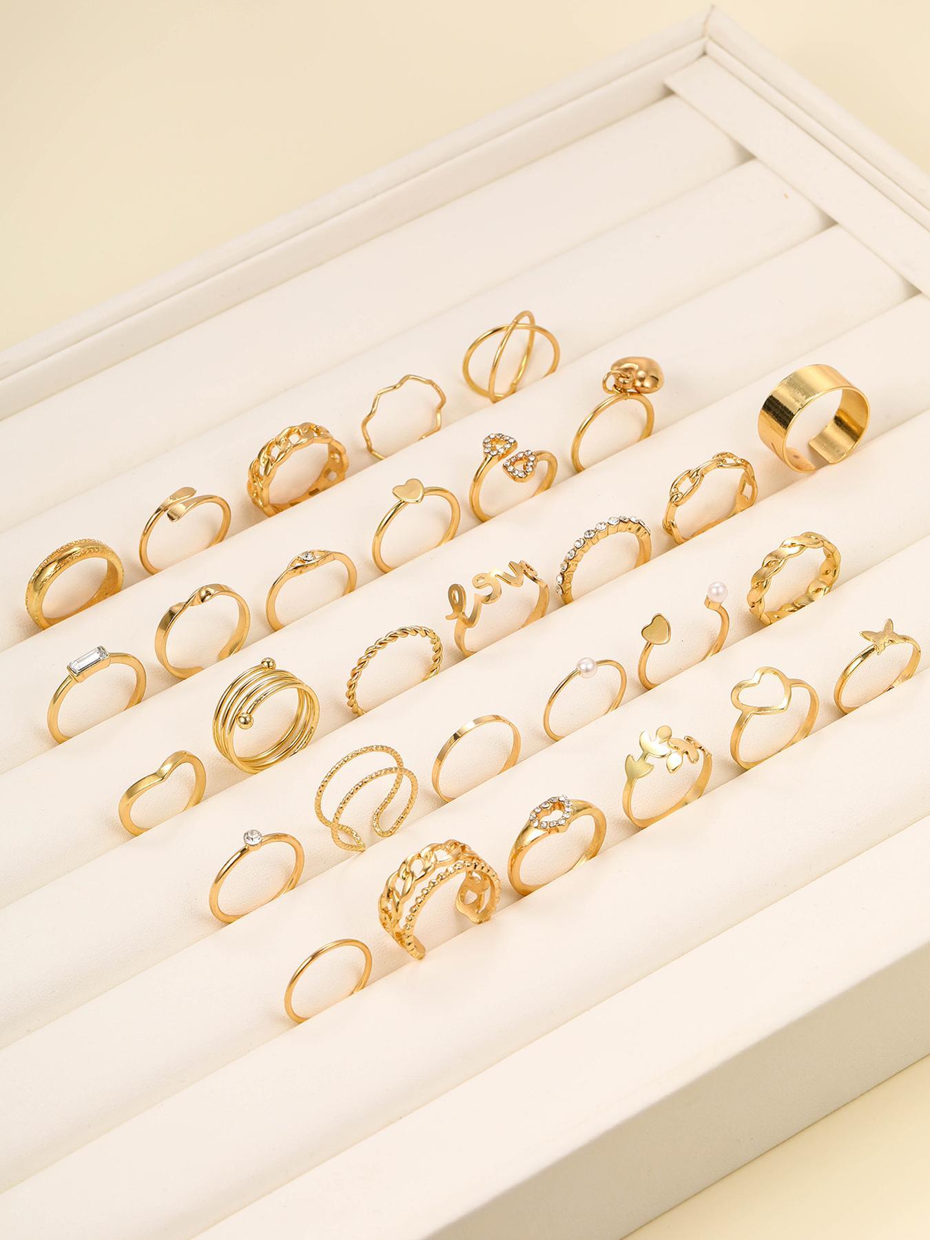 30pcs/set Women's Elegant Rhinestone Decorated Butterfly, Heart & Leaf Design Ring, Cute Rings, Vintage Casual All-match Jewelry for Girls Gift, Simple Classic Fashion Accessories for Daily Wear