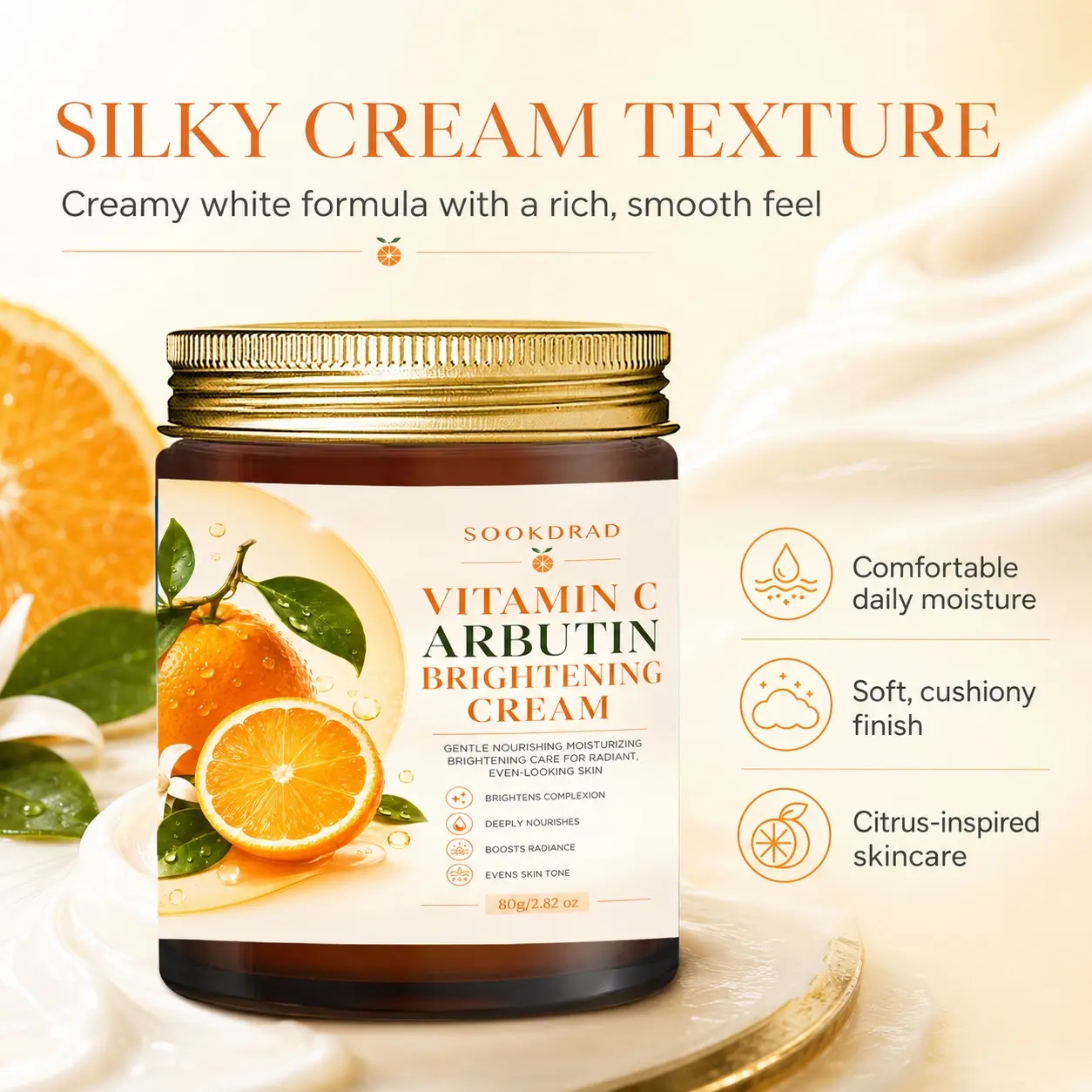 Vitamin C Arbutin Brightening Cream, brightens complexion, deeply nourishes, boosts radiance, evens skin tone, gentle facial moisturizer, Moisturizing Cream, 80g