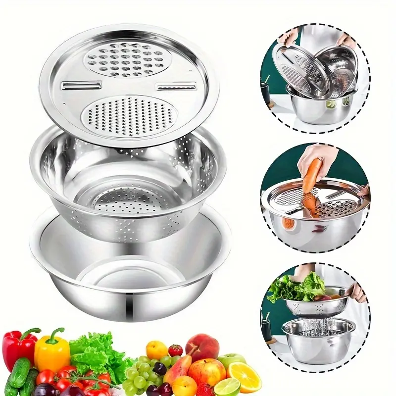 3 Piece 9 Inch Deep Wide Stainless Steel Prep Bowl Set Strainers and Colanders Vegetable Cutter Strainer Mixing Bowl Slicer with Colander Dishwasher Safe Salad Prep Easy Clean Durable Kitchen Strainer Set