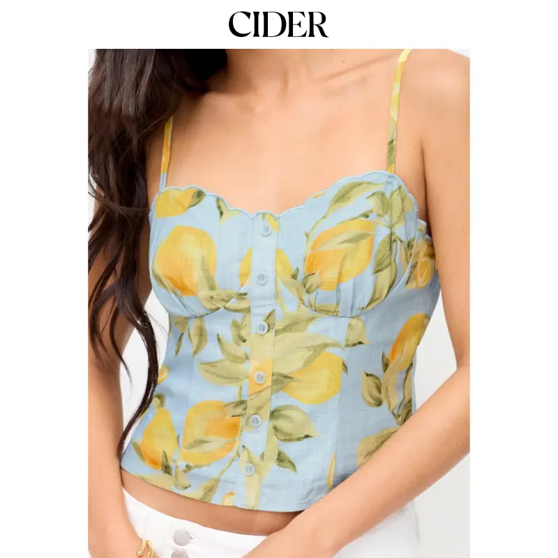 Cider Linen-blend Lemon Graphic Sweetheart Scalloped Trim Cami Top SummerWins SummerFinds