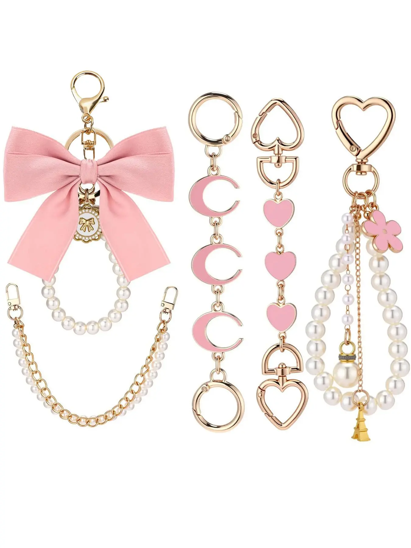 5-Piece Set: Bag Extender Chain, Gold Pearl Bag Chain, Ribbon Bow Keychain, Bag Extension Strap, Handbag Charm Accessories, Trendy Bag Charms, Fashion Bag Charms, Cute Bag Charms, Tote Bag Charms, Purse Charms, Girly Purse Accessories