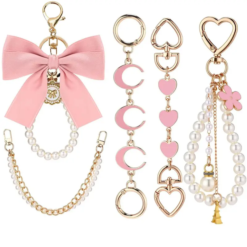 5-Piece Set: Bag Extender Chain, Gold Pearl Bag Chain, Ribbon Bow Keychain, Bag Extension Strap, Handbag Charm Accessories, Tote Bag Charms, Purse Charms, Purse Charms For Handbags, Girly Purse Accessories