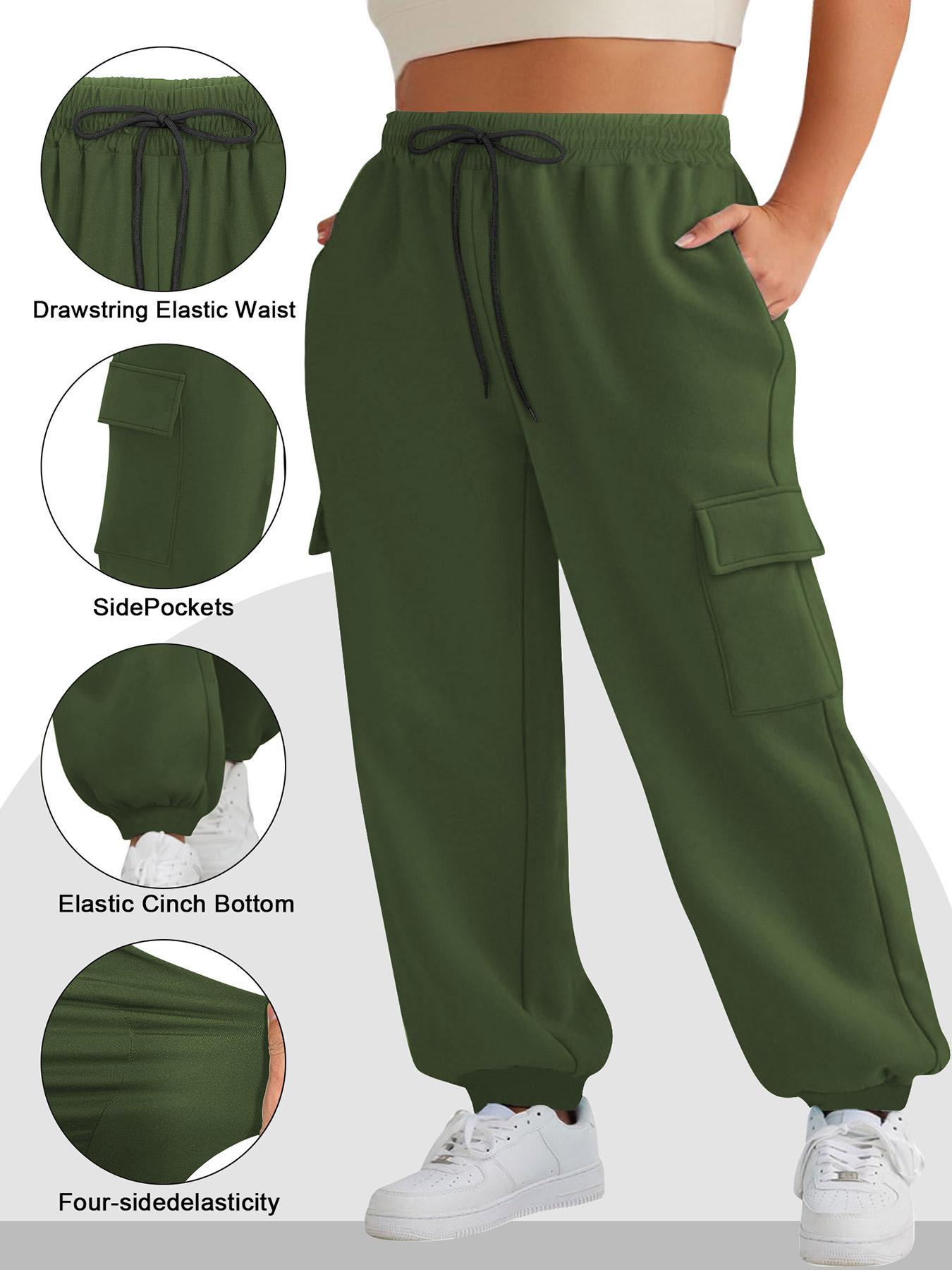 【Plus Size】 Solid Cargo Pants, Casual Comfortable High Stretch Cargo Pants for Daily Wear, Women's Bottoms for All Seasons, Casual Comfy Trousers, Casual Loose Pocket