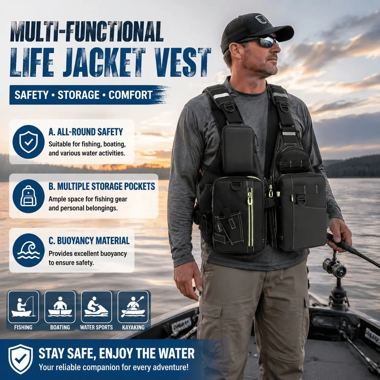Multi-Functional Life Jacket Vest for Adults & Kids with Buoyancy Material Storage Pockets for Personal Belongings Waterproof Floating Fishing Water Sports Safety Gear Outdoor Activities